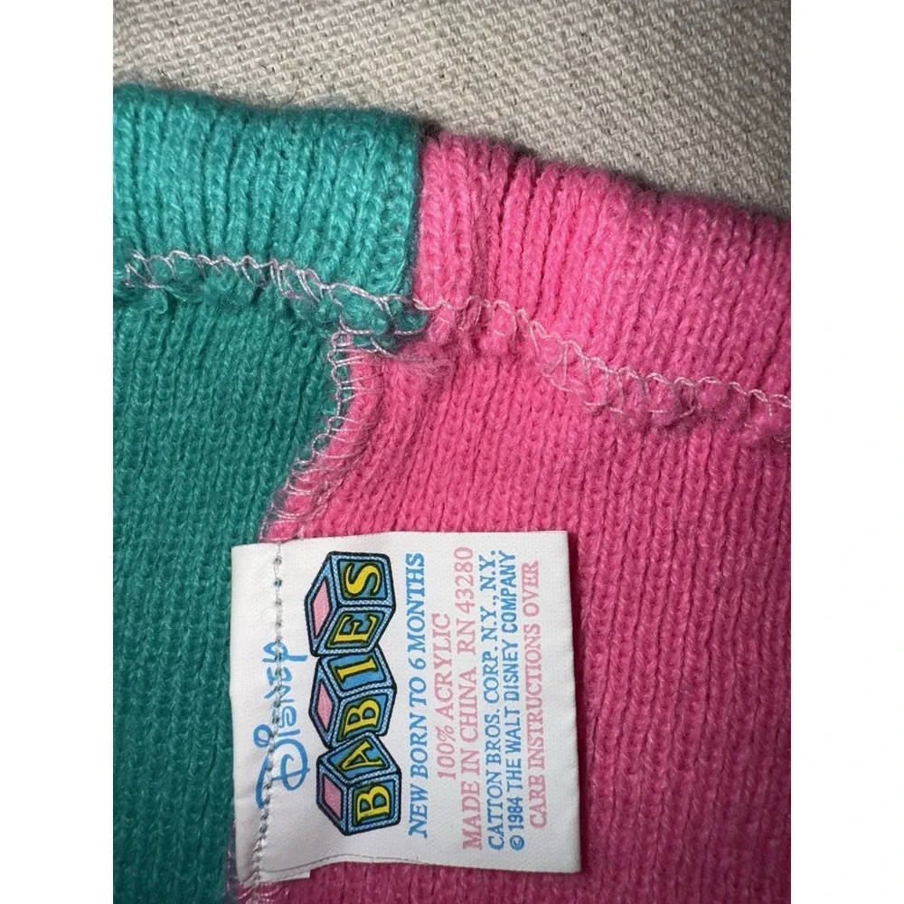1984 Vtg Disney Babies Minnie Mouse Knit ColorBlock Cardigan Pants Hat Set‎ 0-6M